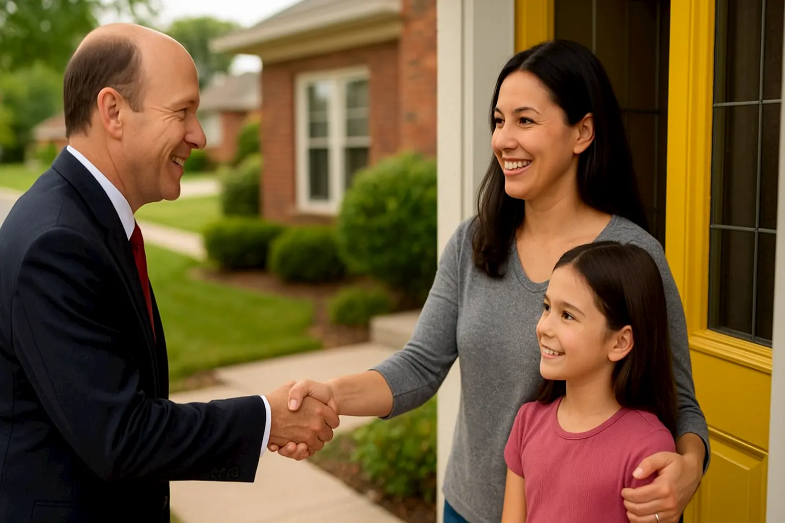 A male elected official in a suit warmly shakes hands with a smiling mother at the front door of her suburban home, while her daughter stands beside her. The image captures a friendly moment of direct constituent engagement in a quiet, well-kept neighborhood.