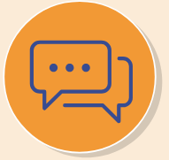 Chat bubble icon with three dots inside, outlined in blue on an orange circular background