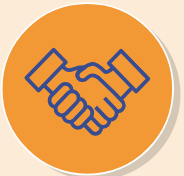 Blue outline of a handshake inside an orange circular background