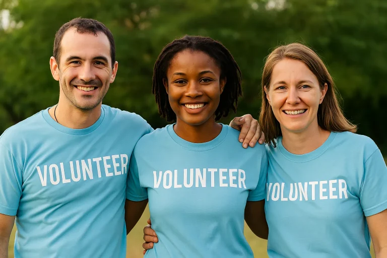 Three smiling people wearing blue "VOLUNTEER" shirts stand together outside.